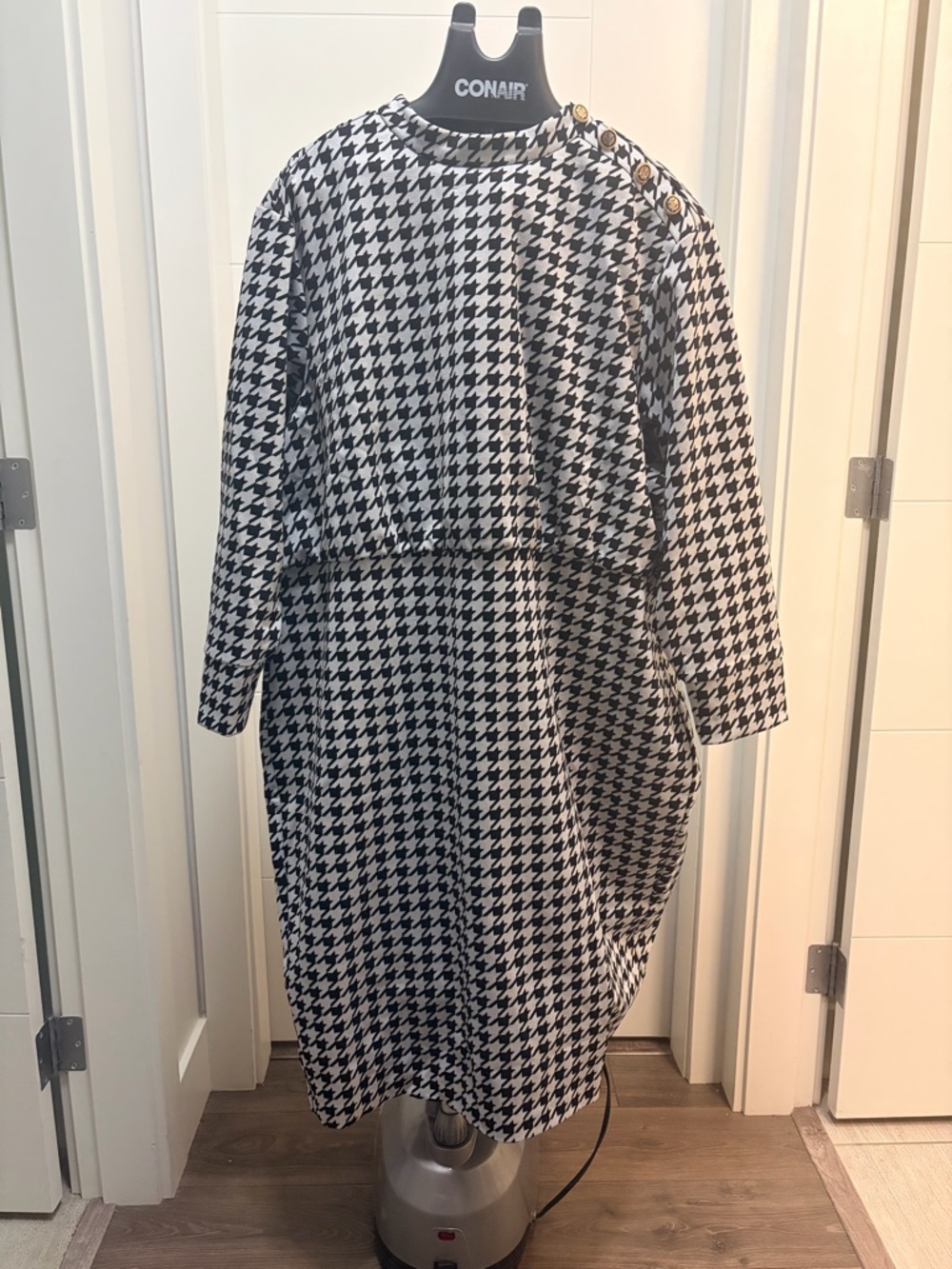 Badgley Mischka Houndstooth Button-Shoulder Dress